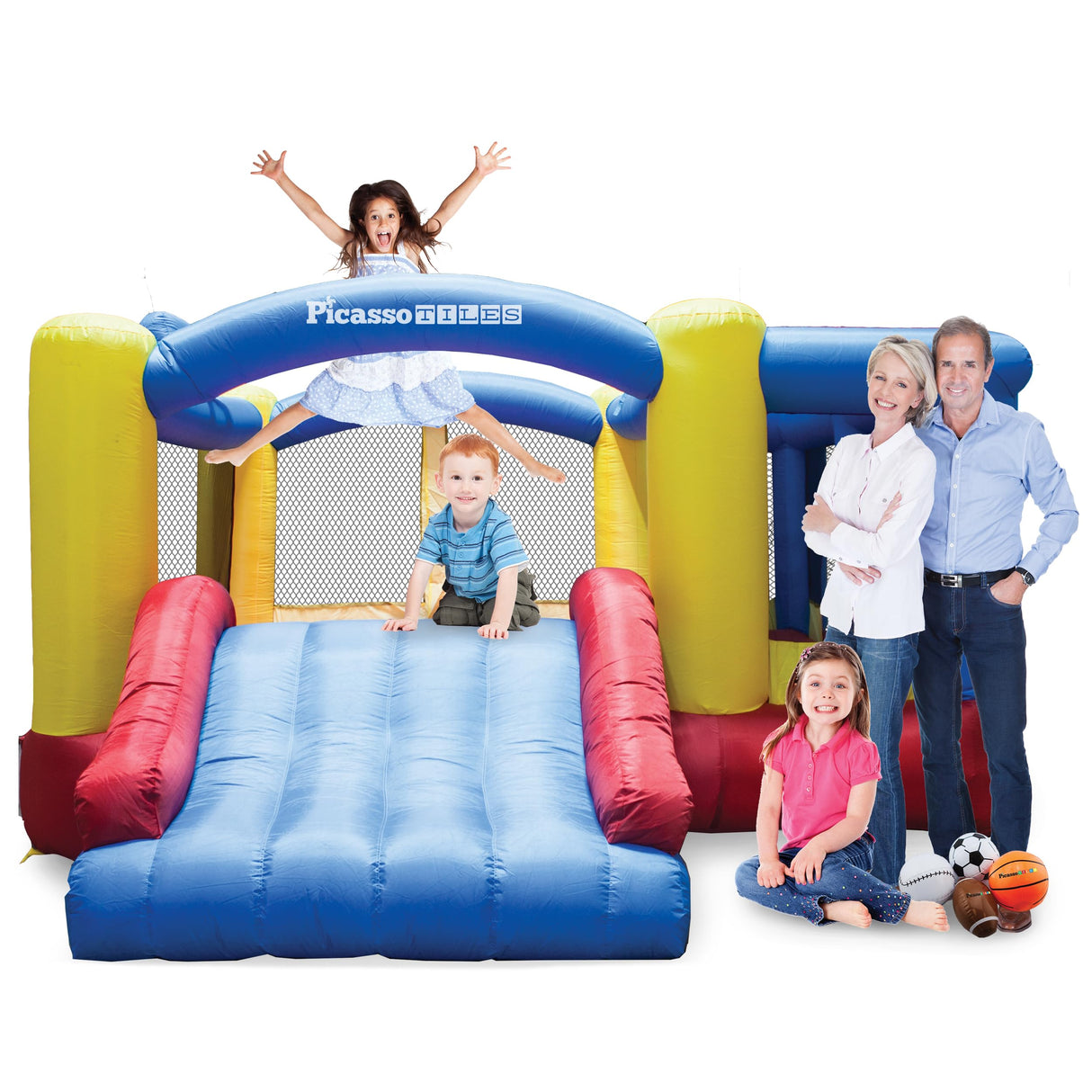 [Upgrade Version] PicassoTiles KC102 12x10 Foot Inflatable Bouncer Jumping Bouncing House, Jump Slide, Dunk Playhouse w/Basketball Rim, 4 Sports Balls, Full-Size Entry, 580W ETL Certified Blower PicassoTiles