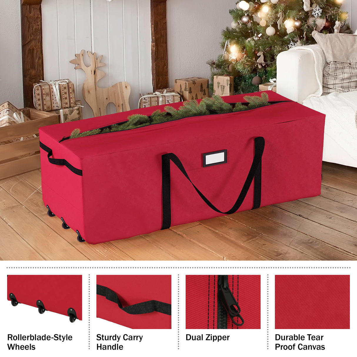 Christmas Tree Storage Bag with Wheels - Canvas Duffel for 12-Foot Fake Trees and Protecting Holiday Decorations and Inflatables by Elf Stor (Red) Elf Stor