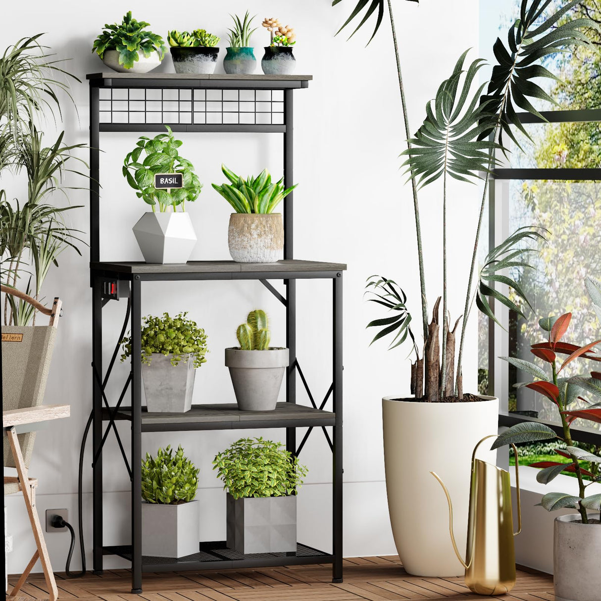 Furologee 4-Tier Kitchen Bakers Rack with Power Outlet & Storage – Black Oak Microwave Stand with S Hooks Furologee