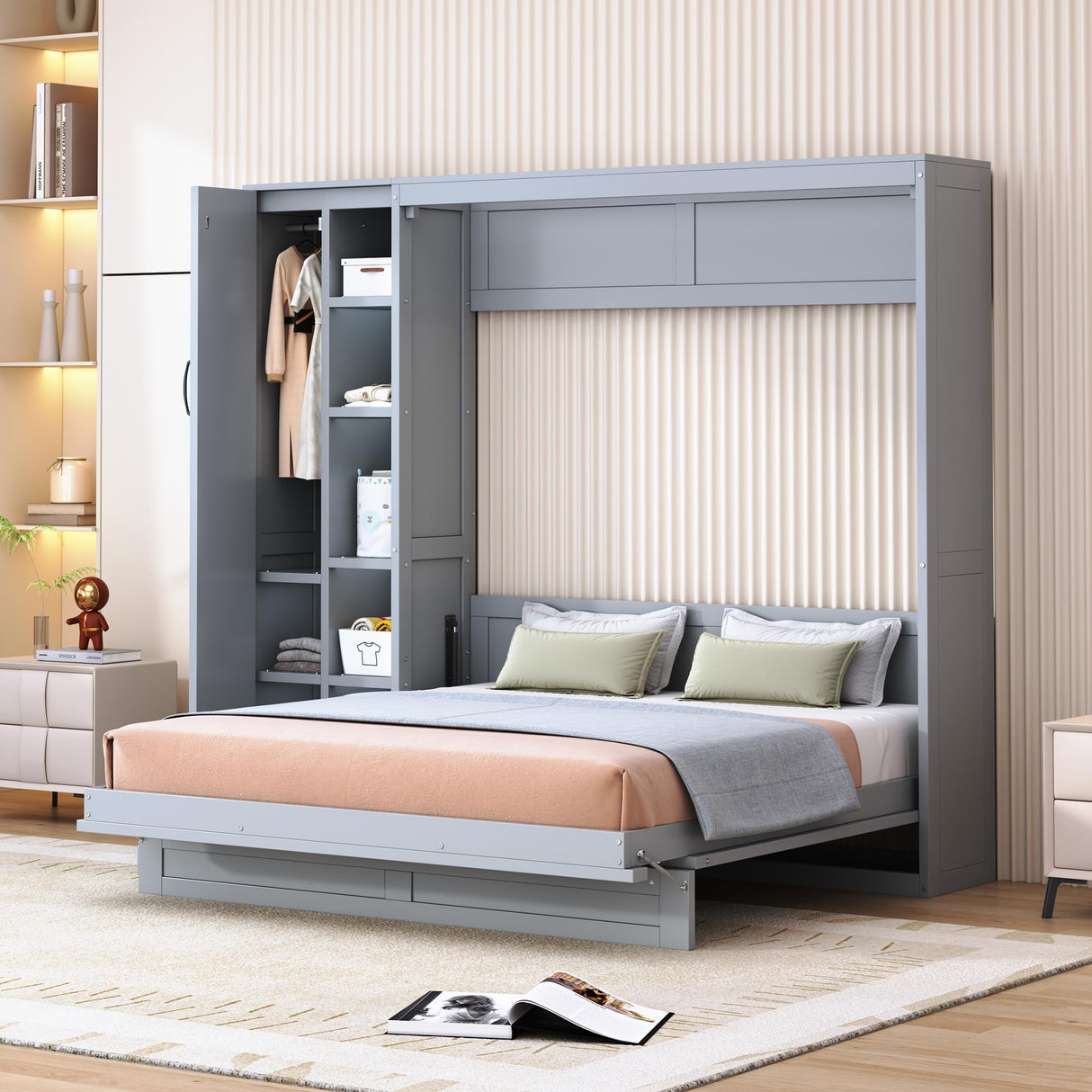 Merax Queen Size Murphy Bed Wall Bed with Shelves, Drawers and LED Lights,Gray Merax