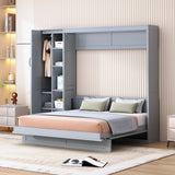 Merax Queen Size Murphy Bed Wall Bed with Shelves, Drawers and LED Lights,Gray Merax