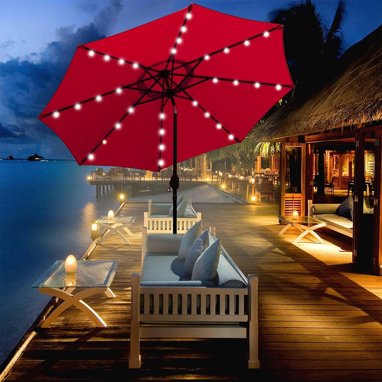 Blissun 9 ft Solar Umbrella, 32 LED Lighted Patio Umbrella, Table Market Umbrella, Outdoor Umbrella for Garden, Deck, Backyard, Pool and Beach (Red) Blissun