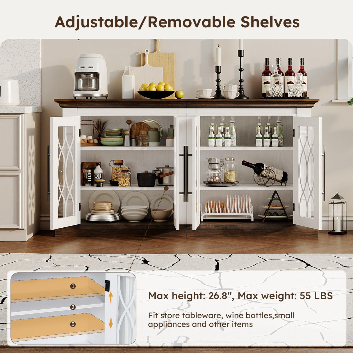 HolliWill 60 inch Farmhouse Buffet Sideboard Cabinet with 4 Glass Doors, Coffee Wine Bar Storage Cabinet, Buffet Table with Adjustable Shelves for Dining Room, Kitchen, Living Room HolliWill