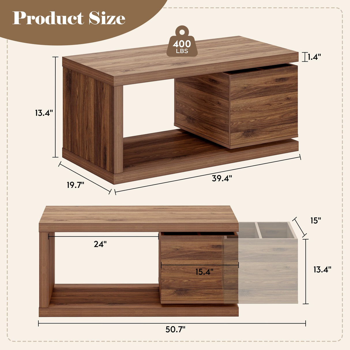 Yechen Modern Coffee Table with Hidden Storage, 1.4" Thick Long Expandable Rotating Coffee Table, Wood Rectangle Cocktail Table for Living Room,Walnut Yechen