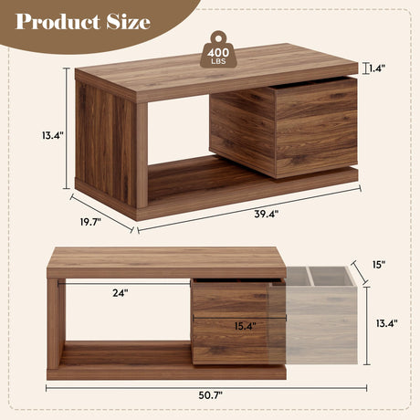 Yechen Modern Coffee Table with Hidden Storage, 1.4" Thick Long Expandable Rotating Coffee Table, Wood Rectangle Cocktail Table for Living Room,Walnut Yechen