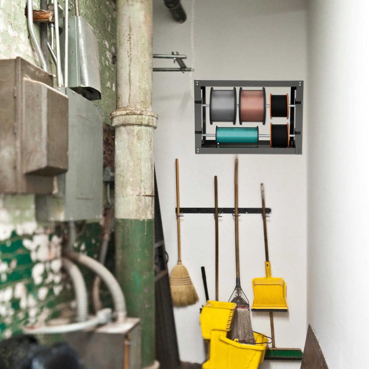 BISupply Wall Mount Electrical Wire Spool Rack Holder - 2 Rod Cable Rack for Ribbon, Filament, Automotive Wiring Storage BISupply