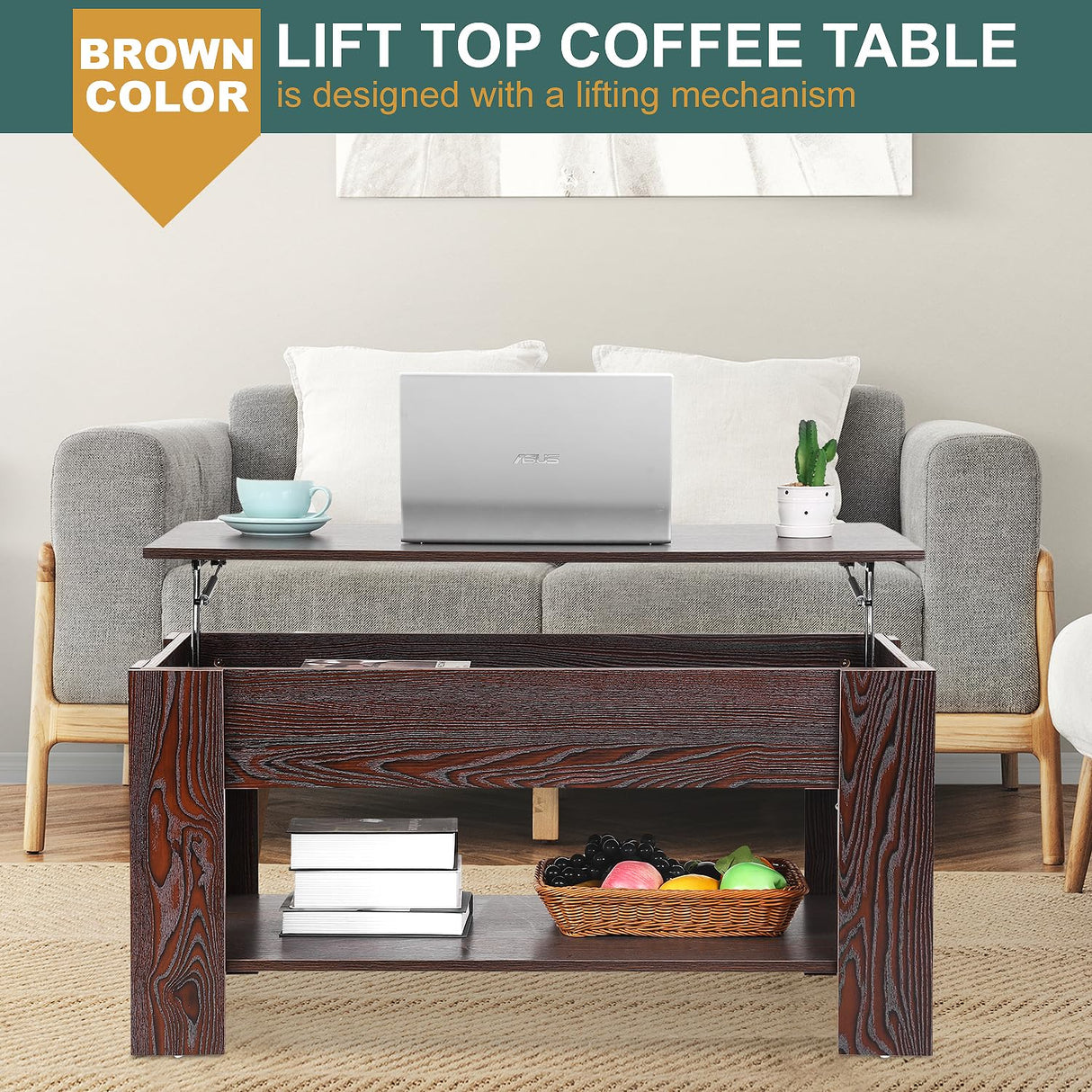 PayLessHere Coffee Table Lift Top Coffee Tables with Hidden Compartment and Storage Shelf Wooden Lift Tabletop Dining Table for Living Room Home (Espresso, 39" D x 28" W x 24" H) PayLessHere