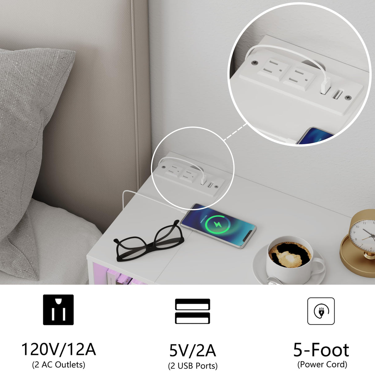 Veegle White Floating Nightstand with Charging Station and LED Lights,White Veegle