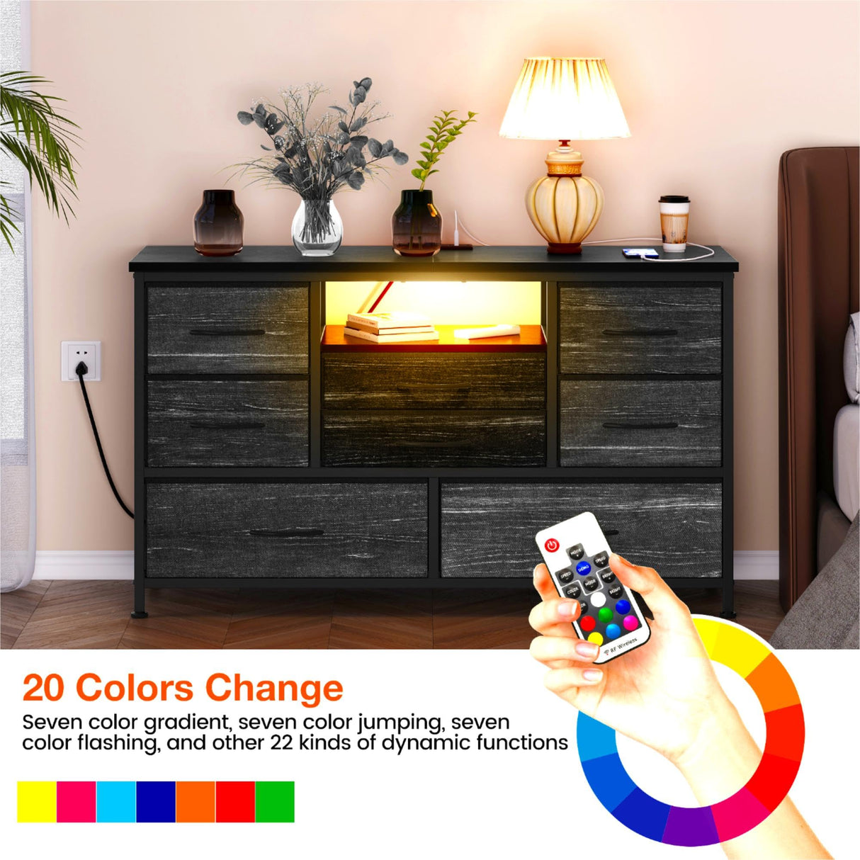 Jojoka 8 Dresser TV Stand with Power Outlet & LED for 55'' TV, Long Dresser for Bedroom with 8 Deep Drawers, Wide Console Table for Storage in Closet, Living Room, Entryway, Wood Top Jojoka