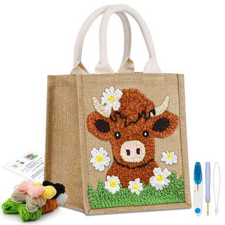 PUNICA Punch Needle Kits for Beginners with Highland Cow Pattern - Burlap Tote Bag for Adults & Kids, DIY Embroidery Starter Kit | Easy Craft Gifts (9x6.5x8.5 Inch) PUNICA