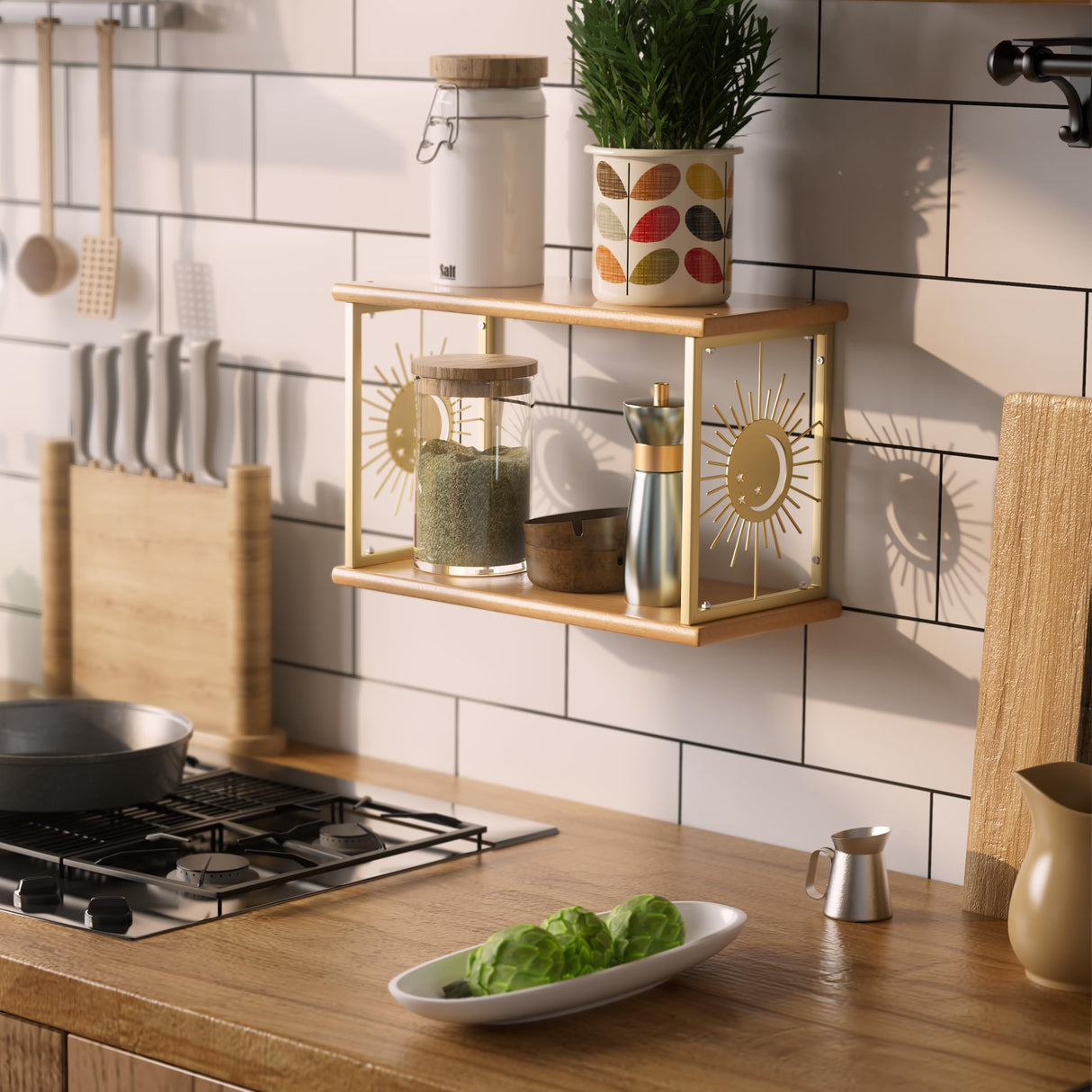 Floating Nightstand by Apresolar - Natural Solid Wood Bedside Table with Celestial Design and 2-Tier Shelf Apresolar