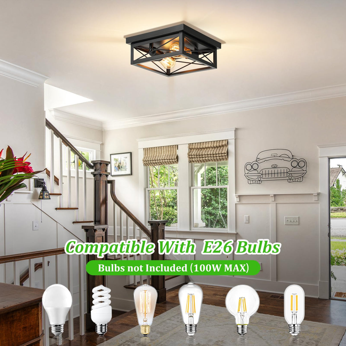 Kondras 2-Light Industrial Square Flush Mount Ceiling Light, Farmhouse Ceiling Light Fixture for Kitchen, Modern Black Close to Ceiling Light for Hallway Bedroom Balcony Porch Stairway, E26, 2-Pack Kondras