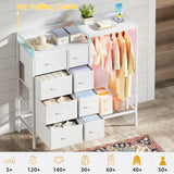 HIGDBFE Dresser with Hanging Rack, 8-Drawer Dresser for Bedroom with Charging Station & LED Lights, White Kids Dresser with Clothes Rack&Shoe Rack, Chest of Fabric Drawers for Bedroom, White HIGDBFE