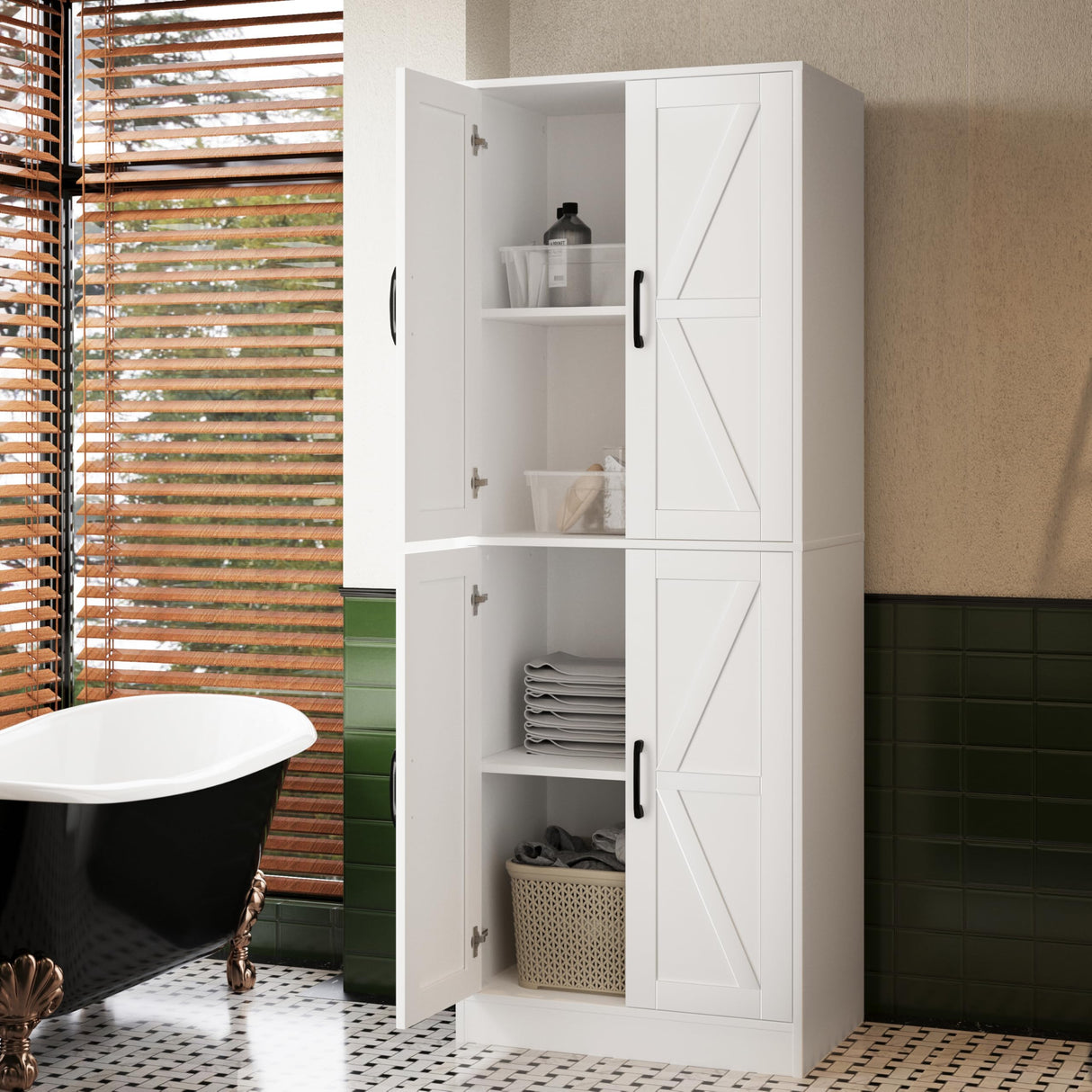 IANUE Farmhouse Storage Cabinet - Pantry with 4 Doors, Tall Kitchen Pantry with Adjustable Shelves, Organizer, White Storage Cabinet for Kitchen Dining Room Bathroom IANUE