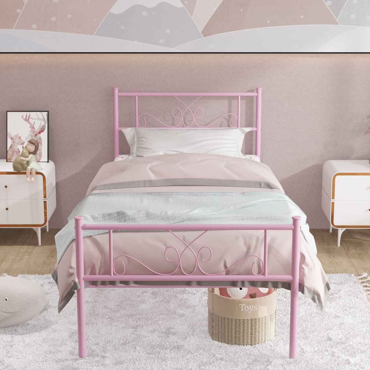 Weehom Platform Steel Bed Frame with 6 Legs Mattress Foundation Heavy Duty Bed Steel Slat Support Easy Assemble Kids Adults(Twin Size),Pink Weehom