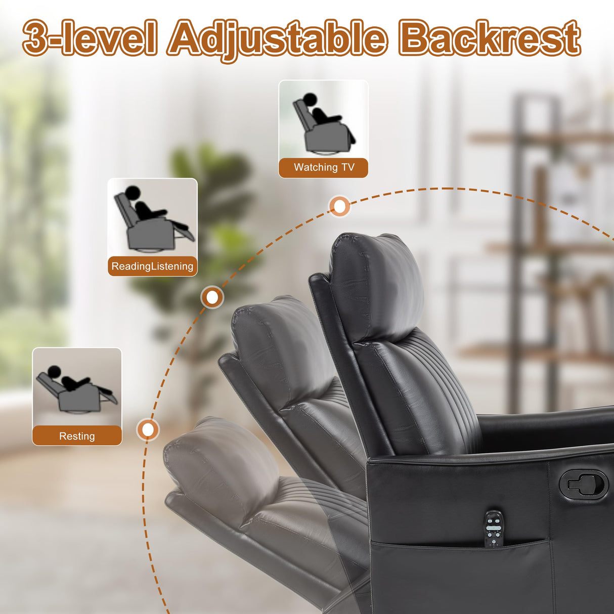 Manual Swivel Rocker Recliner Chair for Adults, Overstuffed Recliner Glider with Massage and Heat, Living Room Reclining Chair, PU Leather Black Luxlen