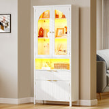 YITAHOME 72" Tall Fluted Bookshelf with LED Lights, White Bookcase with Drawers, Arched Glass Doors, 6-Tier Storage Cabinet Bookcase for Living Room, Office and Study YITAHOME
