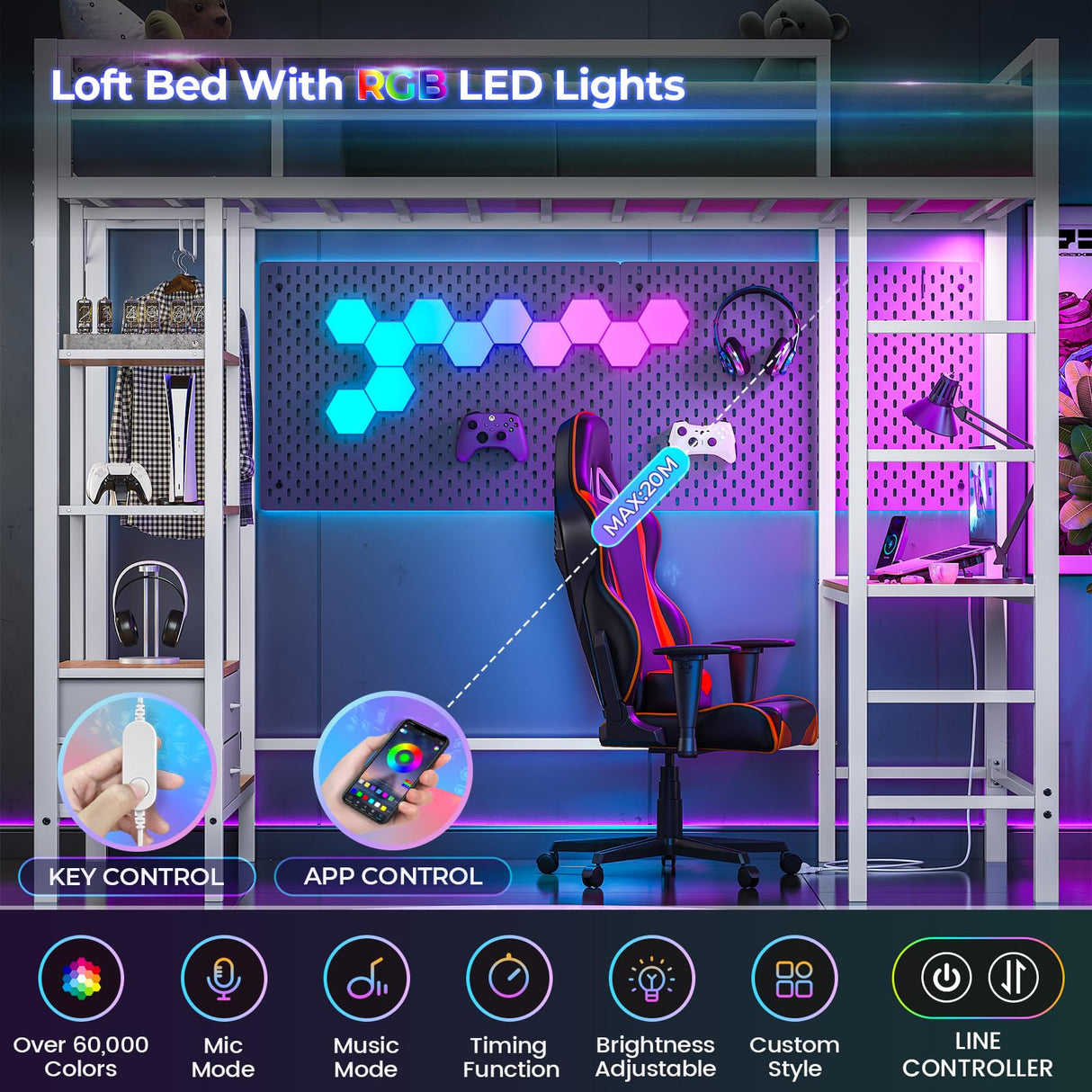 Hasuit Metal Loft Bed Twin Size with Desk and Charging Station White Twin Loft Bed with LED Lights, 4 Storage Shelves and 2 Fabric Drawers, Twin Size Loft Bed with Safety Guard, Clothes Rail & Ladder Hasuit