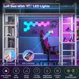 Hasuit Metal Loft Bed Twin Size with Desk and Charging Station White Twin Loft Bed with LED Lights, 4 Storage Shelves and 2 Fabric Drawers, Twin Size Loft Bed with Safety Guard, Clothes Rail & Ladder Hasuit