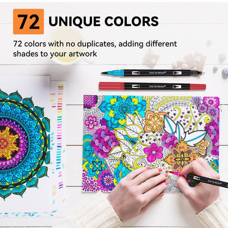 Dual Markers Brush Pens for Adult Kids Coloring Books, 72 Colors Art Marker Set with Fine & Brush Tip Pen for Bullet Journaling, Coloring, Drawing, Hand Lettering, Calligraphy, Art Supplies Artugn