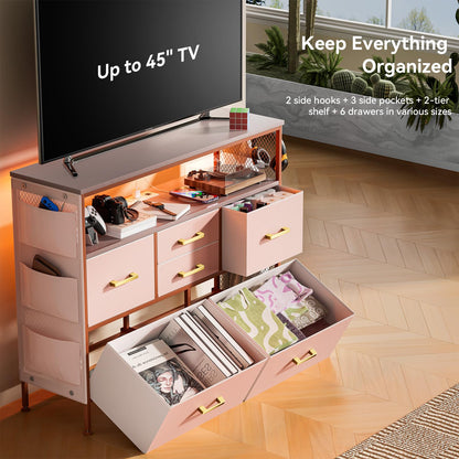 YILQQPER Dresser for Bedroom TV Stand with Power Outlets and LED Light, 6 Drawers Dresser with Side Pockets & Hooks, Wide Dresser with Shelves for 45" TV, Fabric Chest of Drawers with PU Finish, Pink