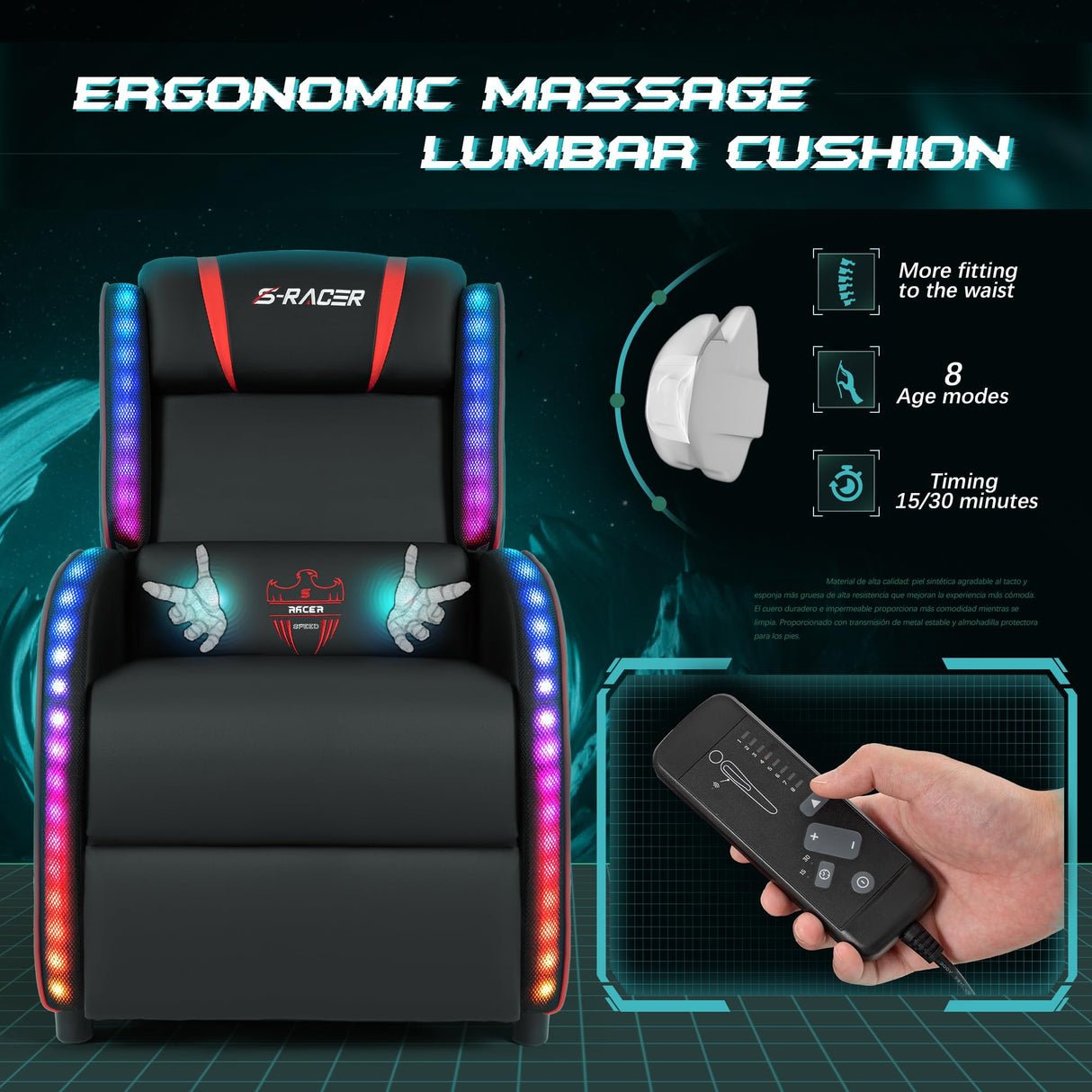 Homall LED Gaming Massage Recliner Chair Racing Style Single Living Room Sofa Comfortable Ergonomic Home Theater Seating(Red) Homall
