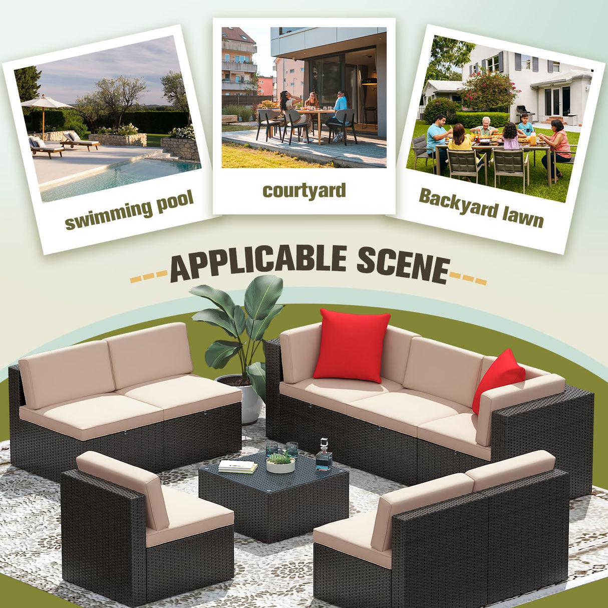 Greesum Patio Furniture Sets 9-Pieces Outdoor PE Rattan Sectional Sofa with Thickened Cushions and Glass Coffee Table,Beige Greesum