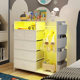 Espelism Dresser for Bedroom with Clothes Rack & Side Pockets White 5 Drawers Dresser with Charging Station & LED Lights Sturdy Steel Frame Wood Top Organizer Unit for Nursery Hallway Closet Espelism