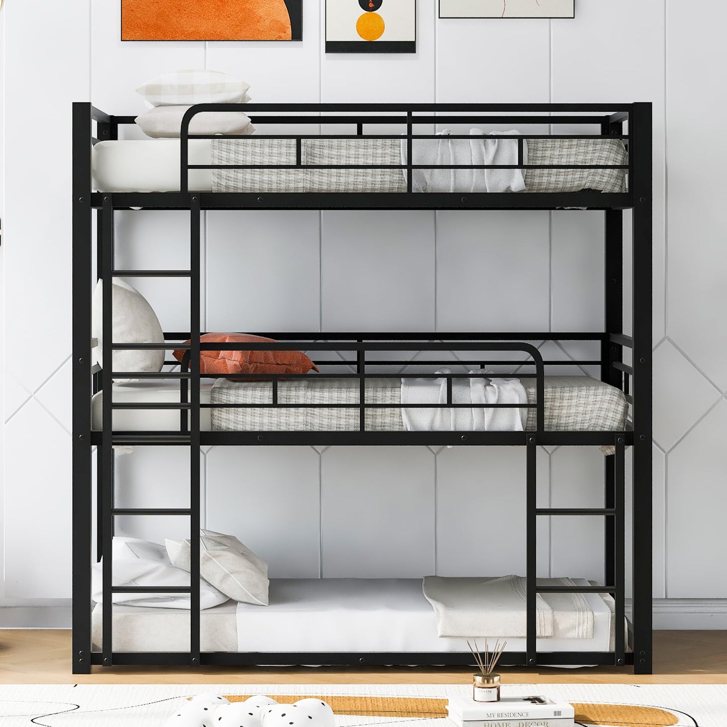 Harper & Bright Designs Triple Bunk Bed for Kids,Twin Over Twin Over Twin Metal Bunkbeds with Ladder for Kids Teens Bedroom, No Box Spring Needed, Easy Assembly, Black