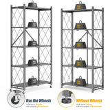 LUCKPRO 5-Tier Folding Metal Storage Rack - 63" Heavy-Duty Steel Frame with Wheels, No Assembly Utility Organizer, Rolling Shelving Unit for Kitchen, Garage, Pantry, Bedroom (Gray, 5 Tier) LUCKPRO
