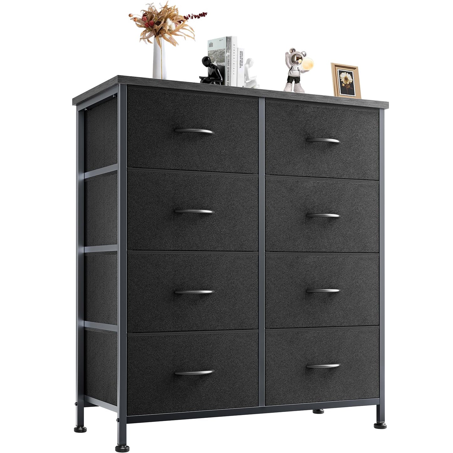 DUMOS Dresser for Bedroom with 8 Fabric Drawers, Tall Chest Organizer Units for Clothing, Closet, Kidsroom, Storage Tower with Cabinet, Metal Frame, Wooden Top, Lightweight Nursery Furniture, Black