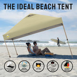 CROWN SHADES 10x10 Pop Up Canopy - Beach Tent with One Push Setup - Outdoor Canopy Tent with STO-N-Go Cover Bag for Events, Parties, Silver Coated Top, 3 Height & 4 Sand Bags,Khaki CROWN SHADES