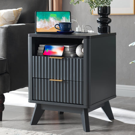 T4TREAM Fluted Nightstand with Charging Station, 18" Modern SideTable with Faux Marble Top, 2 Drawers End Table w/Storage, Bedside Table for Bedroom, Living Room, Curved Profile Design, Dark Grey T4TREAM