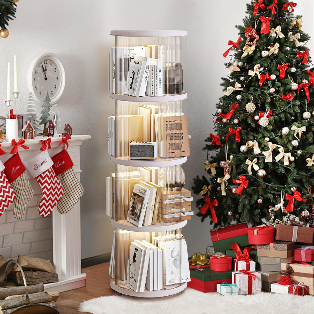 SYNCVIBE 4 Tier Rotating Bookshelf, Small Corner Bookshelf for Small Space, 360 Display Floor Standing Bookcase, Plastic Narrow Book Organizer Shelf for Bedroom, Living Room, Round, White SYNCVIBE