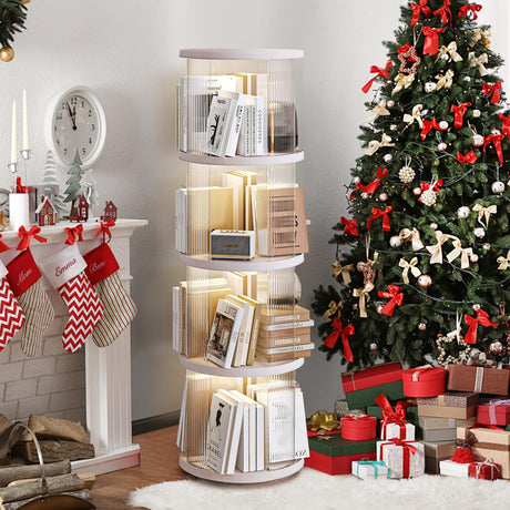 SYNCVIBE 4 Tier Rotating Bookshelf, Small Corner Bookshelf for Small Space, 360 Display Floor Standing Bookcase, Plastic Narrow Book Organizer Shelf for Bedroom, Living Room, Round, White SYNCVIBE