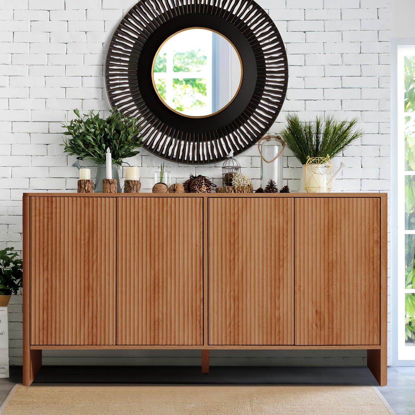 Sideboard Storage Cabinet with Doors and Shelves, Buffet Cabinet with Storage, Credenza Storage Cabinet for Kitchen, Wooden Fluted Cabinet for Bedroom/Entryway, under TV Cabinet with Storage - Walnut