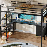 BTHFST Loft Bed Twin Size with L-Shape Desk & RGB LED Lights & Charging Station, Twin Bunk Bed with Fabric Drawers & Shlves, 13.4'' H Safety Guardrail, Noise Free, No Box Spring Needed BTHFST