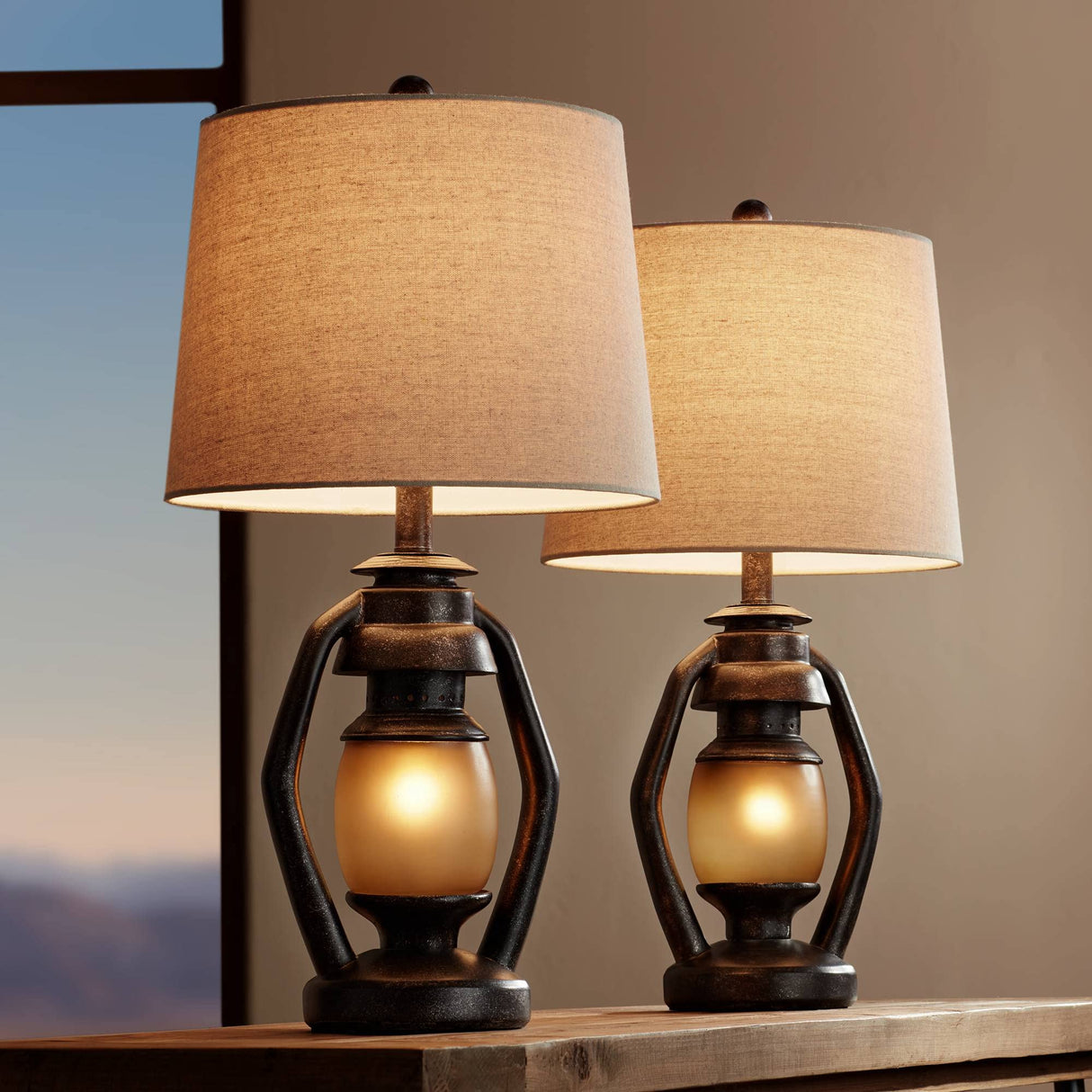 Franklin Iron Works Horace Rustic Farmhouse Table Lamps 25.25" High Full Size Set of 2 with Nightlight Miner Lantern Brown Oatmeal Tapered Drum Shade for Living Room Bedroom House Bedside Nightstand Franklin Iron Works