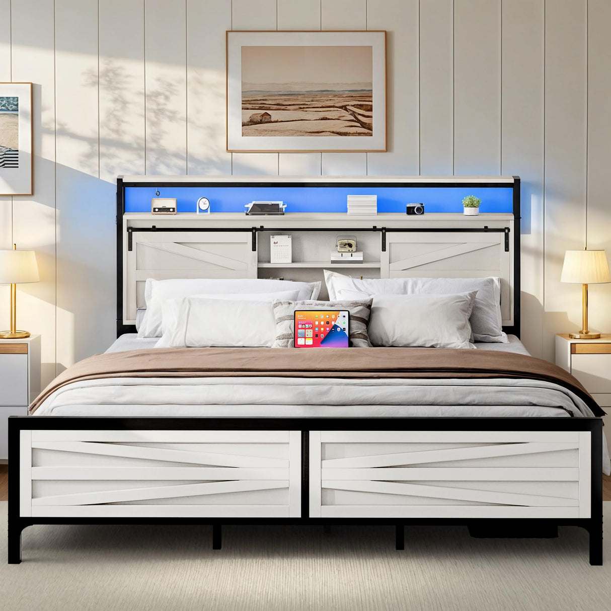YITAHOME Farmhouse King Bed Frame with Storage Bookcase Headboard, Platform Bed Frame with LED Lights and Charging Station, Sliding Barn Door, Solid Metal Slats, No Box Spring Needed (White) YITAHOME