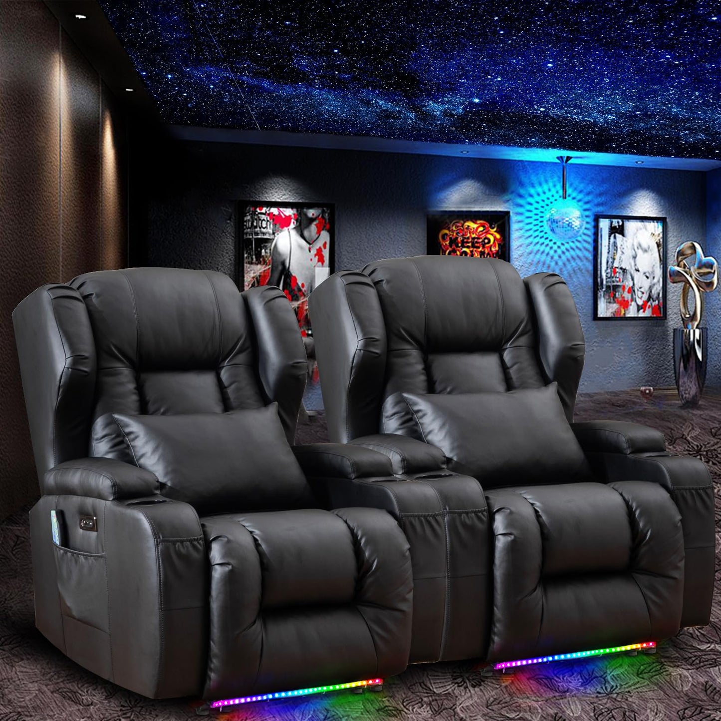 3PC Power Recliner Chair Set of 3 with Massage and Heat - Home Theater Seating Seats with LED Lights, Game Movie Theater Recliner Sofa Chairs for Living Room Reclining Chair with Cup Holder/USB