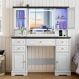 Vanity Desk with HD Lighted Mirror & Power Outlet, Farmhouse Makeup Vanity Table Set with Storage Drawers & RGB Cabinets, Large Dressing Table with 3 Lighting Modes for Women Girls Kids Bedroom, White Xixini