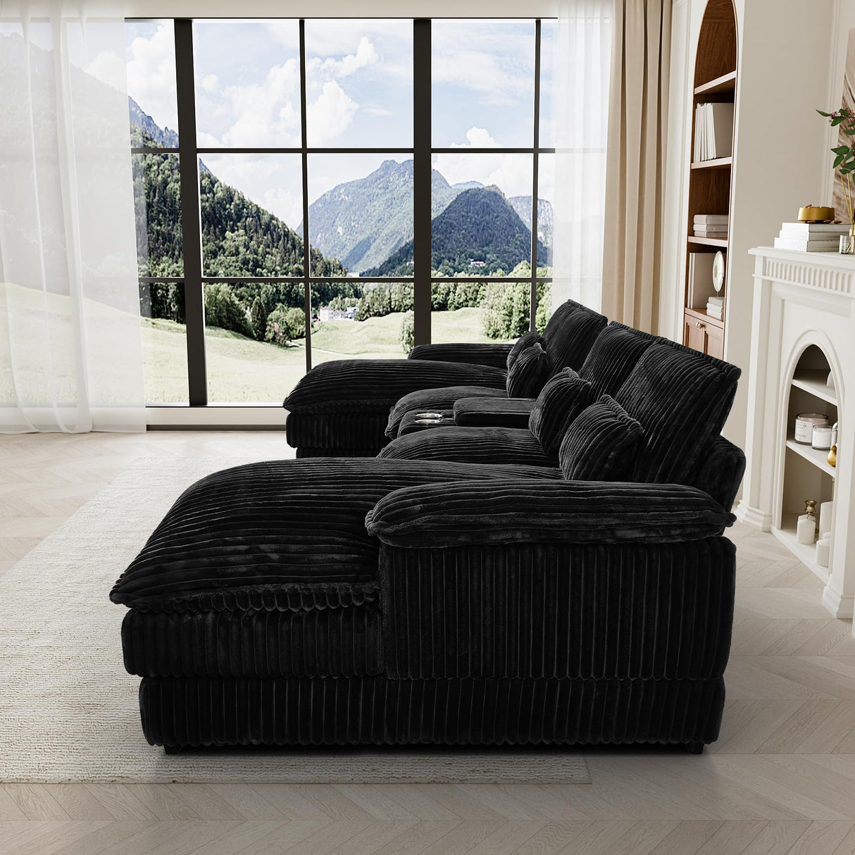 HYJT-H&K 124" U Shaped Cloud Couch Sectional, Comfy Fluffy Plush Corduroy Black Sectional Couches for Living Room, Modern Modular Corduroy Couch Sectionals with Central Console & Double Chaise Lounge HYJT-H&K