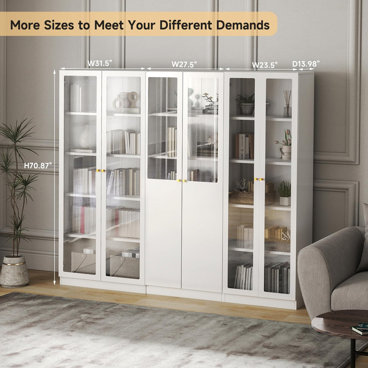 IRONMIX Modern Bookshelf with Doors and Shelves, 70.87" H Metal Bookshelf, Tall Bookcase, 5-Tier Curio Cabinet for Collectibles, White Storage Cabinet Display Case for Home Office, Living Room, School IRONMIX