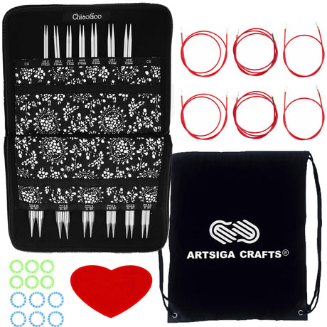 ChiaoGoo Twist Red Lace 5-Inch Complete 7500-C Interchangeable Circular Knitting Needle Set, Sizes US 2, 3, 4, 5, 6, 7, 8, 9, 10, 10.5, 11, 13, 15 with 6 Cords with Project Bag ChiaoGoo