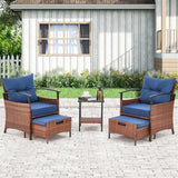 AVAWING 5 PCS Outdoor Rattan Furniture Set, Wicker Conversation Sets W/Metal Coffee Table and Soft Cushions, Patio Chairs with Ottomans for Garden, Porch, Balcony and Deck (Blue) AVAWING