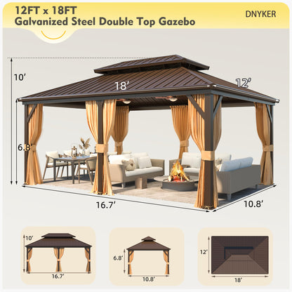 12'x18' Hardtop Gazebo, Galvanized Steel Double Roof Metal Gazebo with Anti-Rust Coating Aluminum Frame, Permanent Outdoor Pavilion with Curtain and Netting for Patio, Lawn and Garden - WoodArtSupply