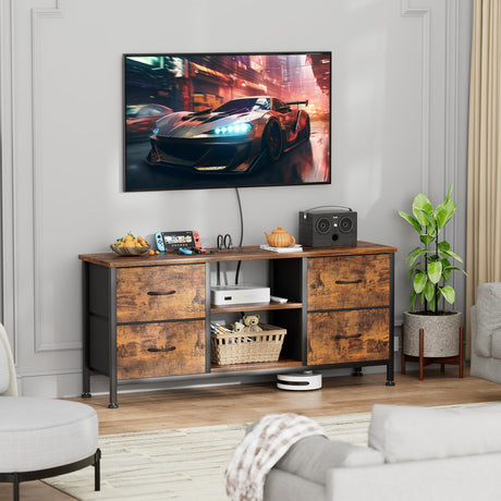 YaFiti TV Stand Dresser for Bedroom, Entertainment Center with Power Outlet for 50" TV, Dressers with 4 Fabric Drawers & Open Shelves for Living Room, Bedroom, Entryway, Rustic Brown YaFiti