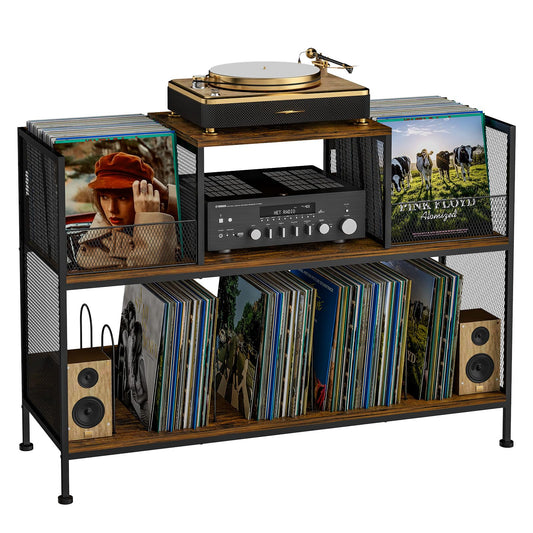 Large Vintage Record Player Table with 4 Adjustable Dividers, Vinyl Record Storage Cabinet for Up to 350 Albums, Medieval Turntable Stand for Living Room, Bedroom, Office (Patent Pending) - WoodArtSupply