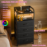 Fixwal Black Night Stand with Charging Station, Tall LED Nightstand with 4 Fabric Drawers, Bedside Table for Bedroom Fixwal