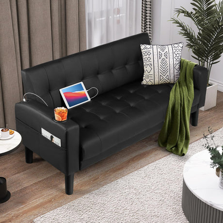 AILEEKISS 62" Loveseat Couches Upholstered Leather Love Seat Sofas Couch with 2 USB, Cup Holders, Side Pocket, Mid-Century Modern Tufted Sofa for Living Room,Office,Bedroom,Apartment (Black, 2-Seat) AILEEKISS